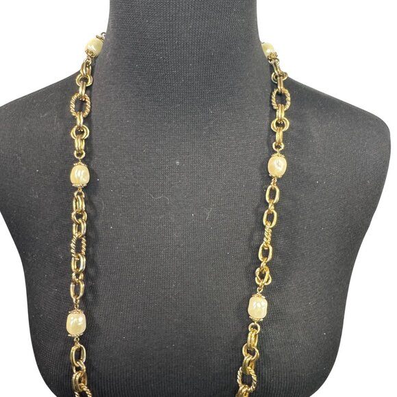 Gold Tone Chunky Faux Pearl Long Chain Necklace Statement Jewelry - Picture 3 of 4